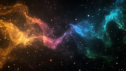 Prismatic nebula streams weaving through starry void.