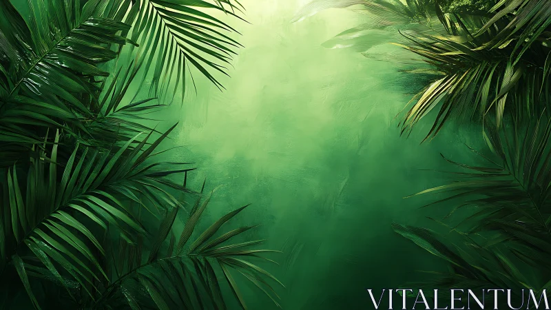 Palm leaves frame dense green misty background space clearly
