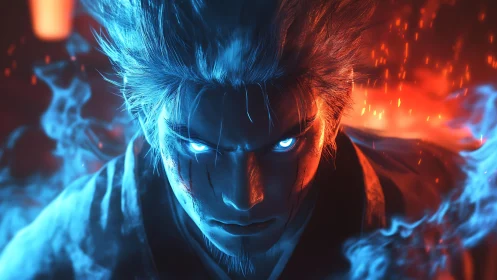 Elemental warrior glare divides blue flame and ember fire.