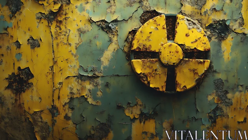 Weathered hazard symbol on peeling industrial metal wall.