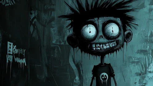 Nocturnal graffiti ghoul with hyperbolic eyes and smeared grin.