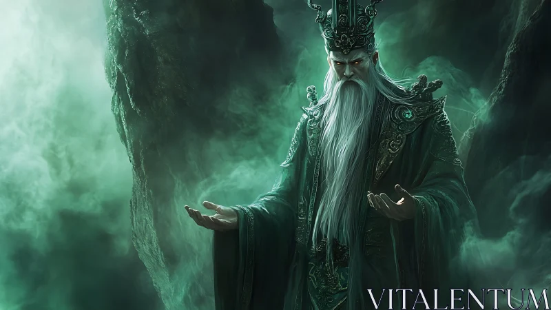 Ancient emerald sorcerer welcomes power from swirling mist