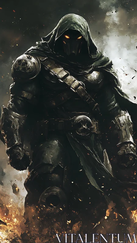 Hooded armored warlord strides through infernal battlefield.