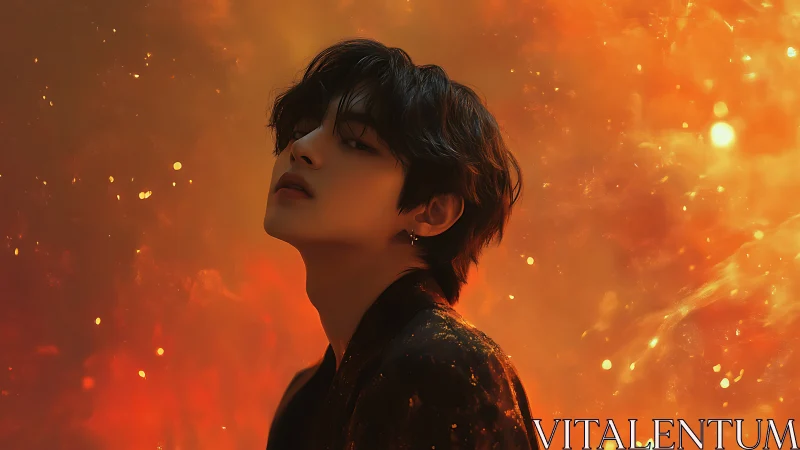 Profile portrait amid glowing orange abstract light field.