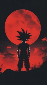 Silhouetted warrior figure before large red lunar backdrop.