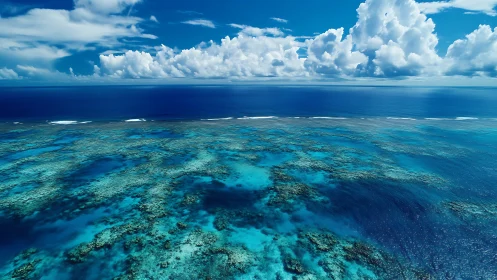 Aerial panorama captures stratified reef shelf under cumulus sky