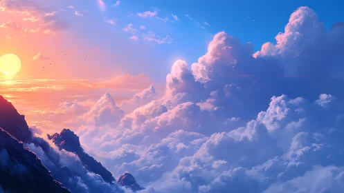 Sunlit mountain clouds fill sky with warm and cool gradients