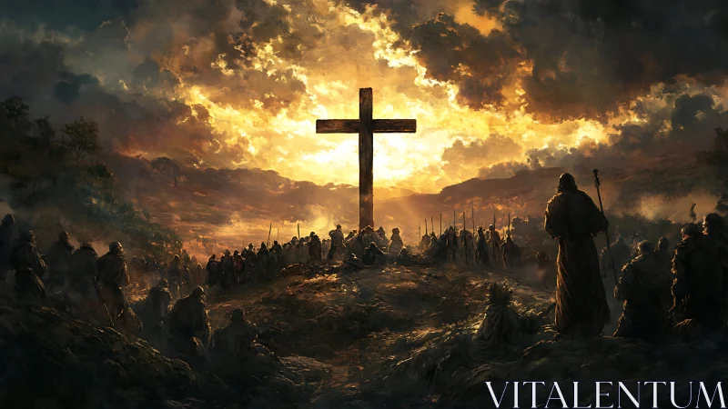 Pilgrims gather before towering cross under burning sky.