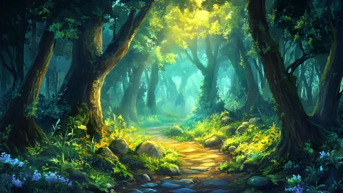 Illuminated forest corridor with atmospheric light filtering through dense tree canopy