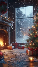 Snowy Christmas living room with tree and fireplace.
