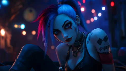 Neon lit punk heroine in shallow depth 3D character render