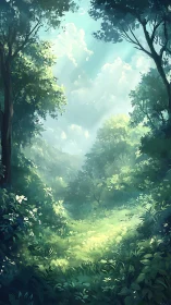 Forest landscape with misty atmospheric depth and bright sky opening
