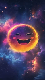 Smiling plasma emoji star within multicolored nebular cloud field