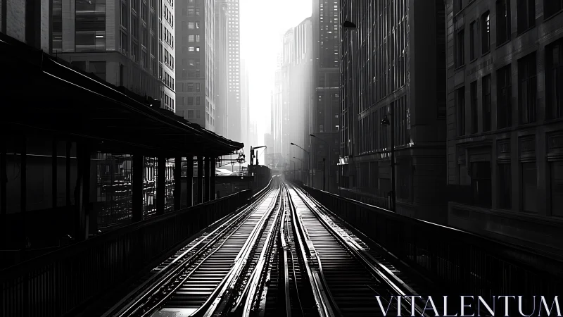 Monochrome urban rail corridor in high-contrast perspective.