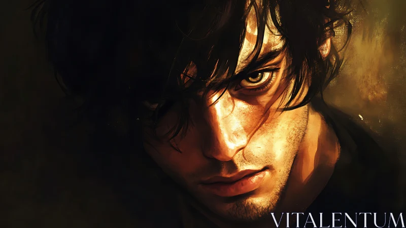 Moody rim‑lit male portrait with intense amber gaze, close crop