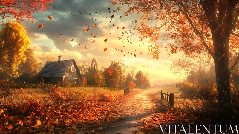 Autumn cottage dreams along a leaf-swirled golden country lane.