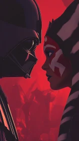 Two opposing masked figures stand face to face in profile