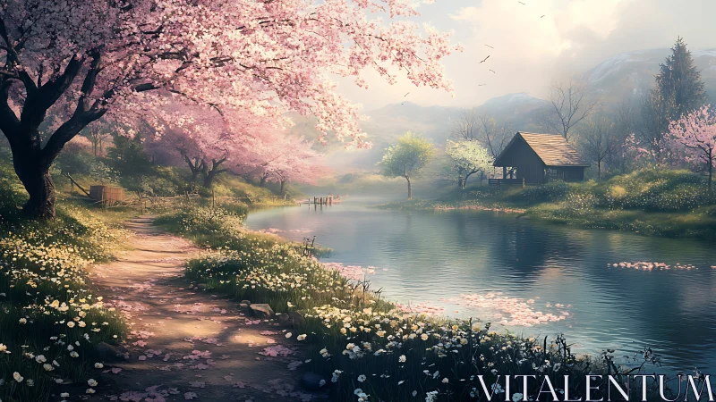 Gentle spring riverside path with cherry blossoms in bloom.