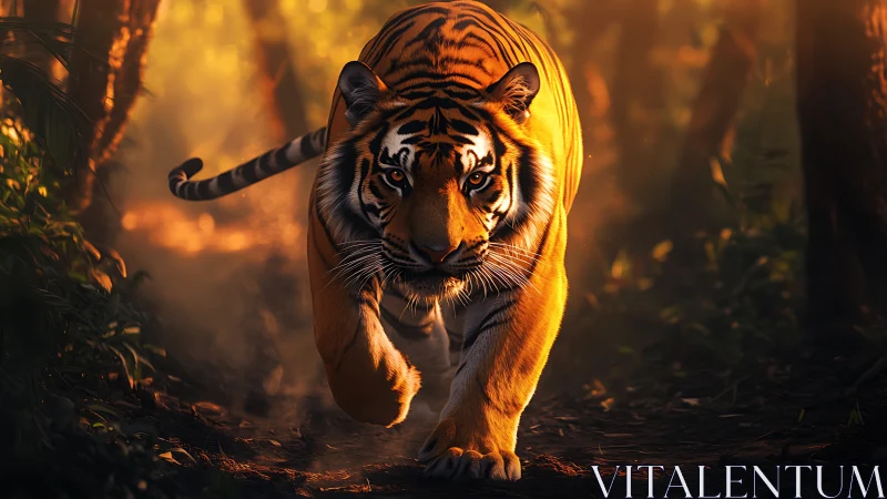 Tiger walking on forest path in low warm backlighting.