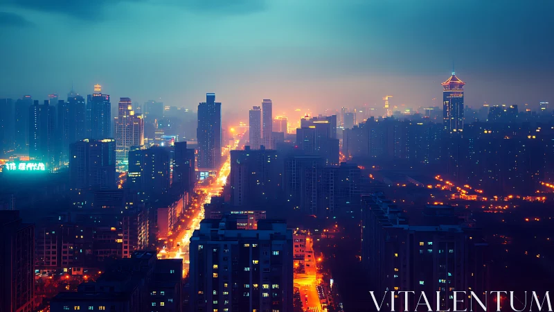 Neon city skyline glows through cinematic blue dusk haze.