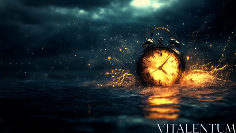 Glowing antique clock rises from stormy waves in warm light