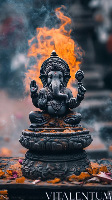 Flaming Ganesh statue radiates spiritual energy and calm.
