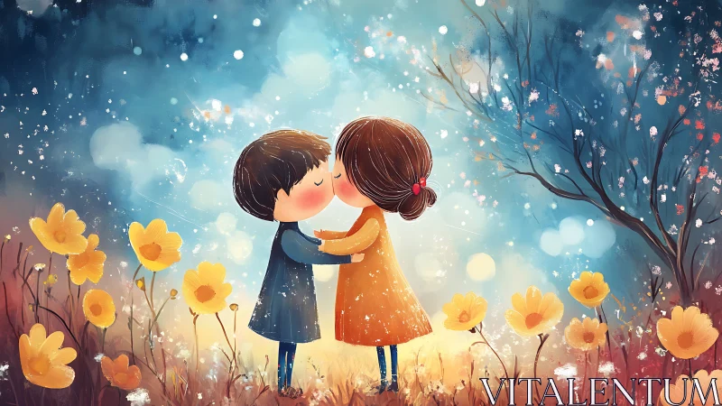 Two figures kiss amid golden flowers beneath magical blue sky