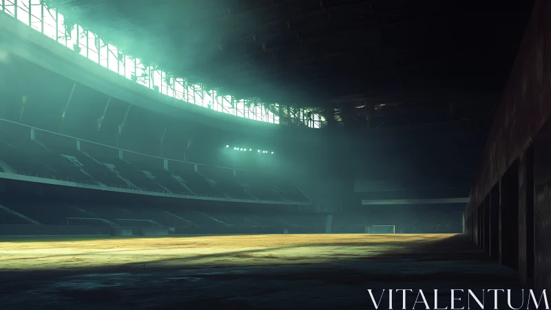 Abandoned indoor stadium interior shows directional light and dust volumetrics