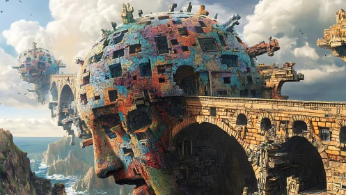 Fragmented stone heads integrated into coastal viaducts.