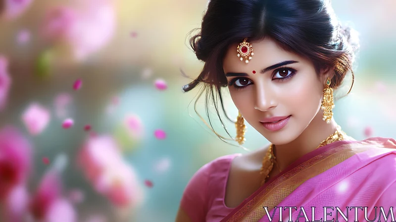 Elegant Indian woman in traditional attire, soft dreamy portrait.
