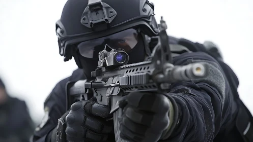 Focused tactical officer aims forward with steady precision
