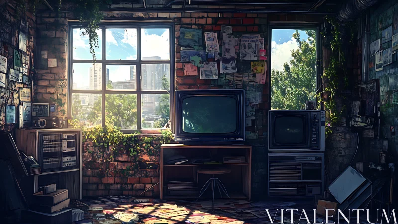 Abandoned urban loft glows with retro TVs and wild greenery