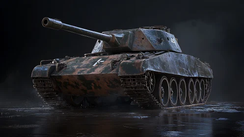 Battle-scarred steel predator waits under a stormy night sky