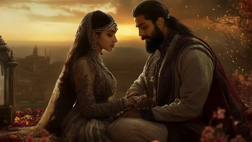 Medieval Romance. Royal Couple at Golden Sunset with Castle.