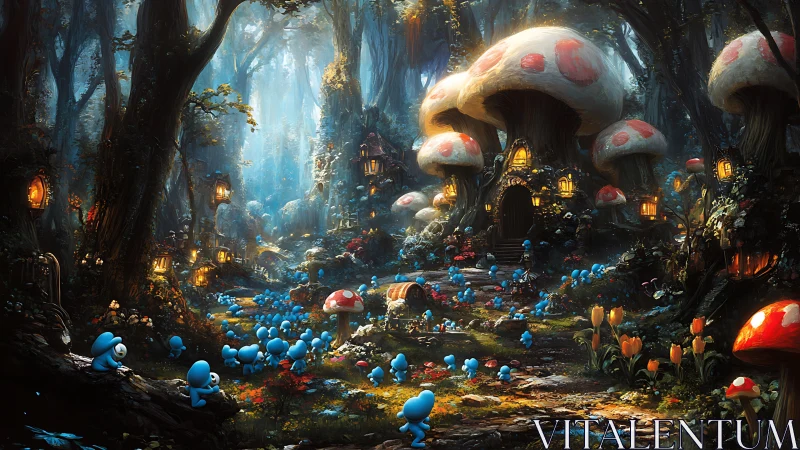Bioluminescent mushroom village with blue forest sprites congregating.