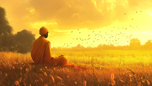 Solitary robed figure in golden meadow at radiant sunset horizon