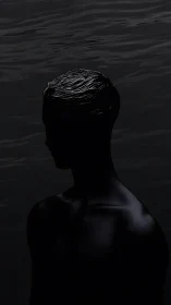 Backlit human silhouette rendered against low-contrast dark water