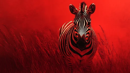 Zebra in scarlet twilight, stripes carved from shadow and fire.