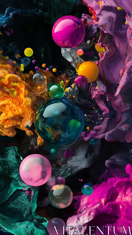Chromatic spheres drifting through molten abstract tides.
