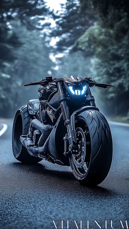 Futuristic black motorcycle glows on wet forest road at dusk.