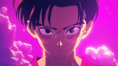 Intense anime boy in neon pink electric sky portrait.