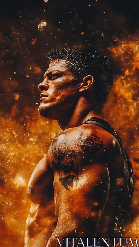 Muscular male profile amid fiery particle explosion field