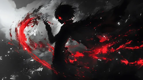 Silhouetted energy caster in red-black high contrast vortex.
