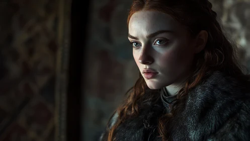 Young red haired noble in quiet, wintry light indoors.