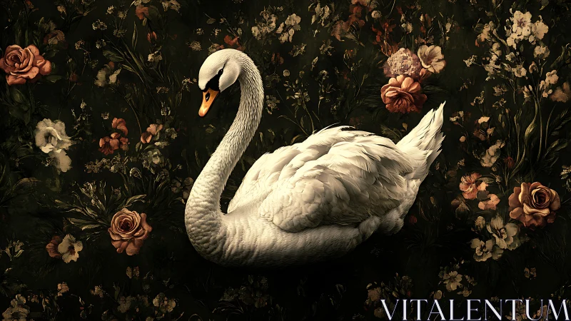 White swan is rendered against dense floral background