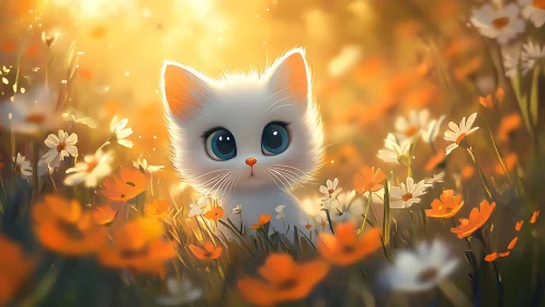 White Kitten in Sunlit Wildflower Meadow with Golden Hour Lighting
