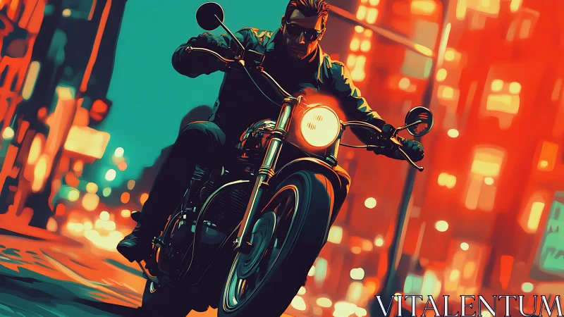 Motorcycle rider cuts neon city street in bold teal blaze.