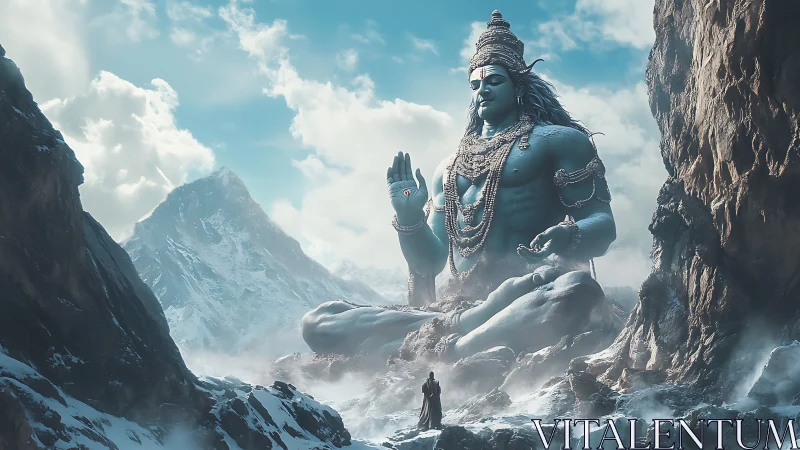 Giant blue Shiva statue seated in snowy mountain valley.