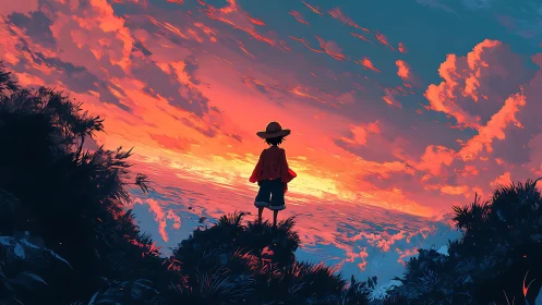 Sunset cliff dreamer watching an ocean of burning clouds.