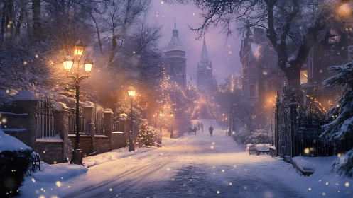 Digital painting of festive snow-laden avenue with lamplight glow.